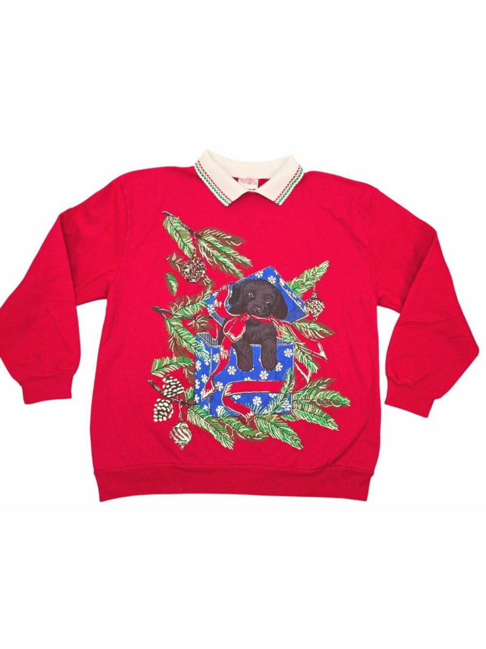 Vintage Holiday Time Christmas Sweatshirt Puppy Dog Present Collared Large USA M
